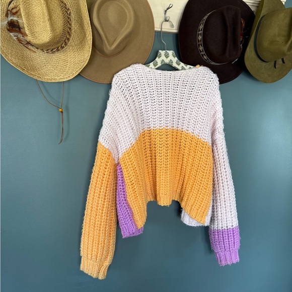 Chunky Knit color block balloon sleeve cardigan Sweater sz large - Picture 4 of 5